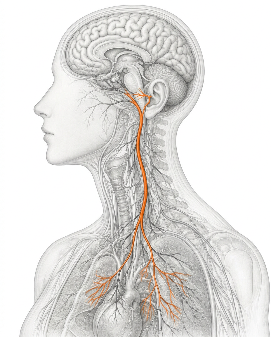 Illustration of the vagus nerve in side view, highlighted in orange from its small branch at the ear down through the neck to the heart and lungs